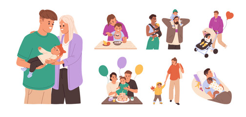 Happy families with little kids set. Young parents and children spend time together: walk, play, have fun, celebrate holiday. Mother and father love baby. Flat isolated vector illustrations on white