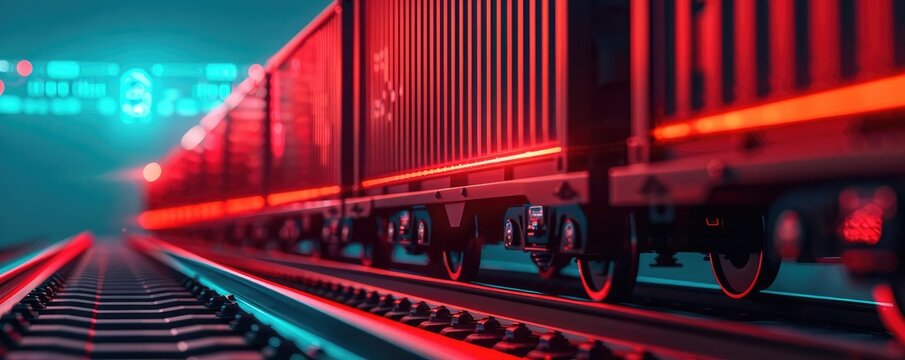 Cargo train, digital logistics control, holographic rail network, futuristic transportation