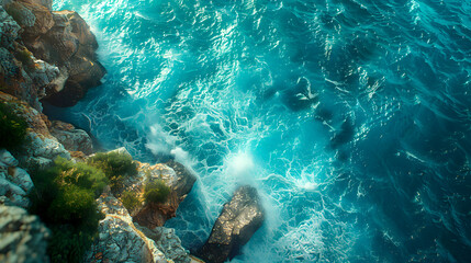 Fototapeta premium Aerial view of the ocean rocky shore.