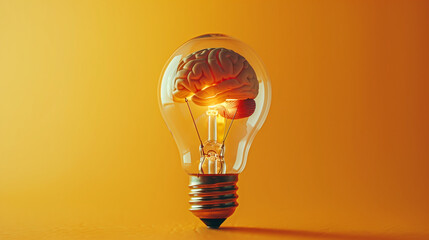 Lightbulb with brain inside symbolizing creativity and innovative thinking, isolated on yellow background