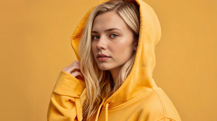 Portrait of a young blonde woman wearing yellow hoodie and checking its hood with a hand 