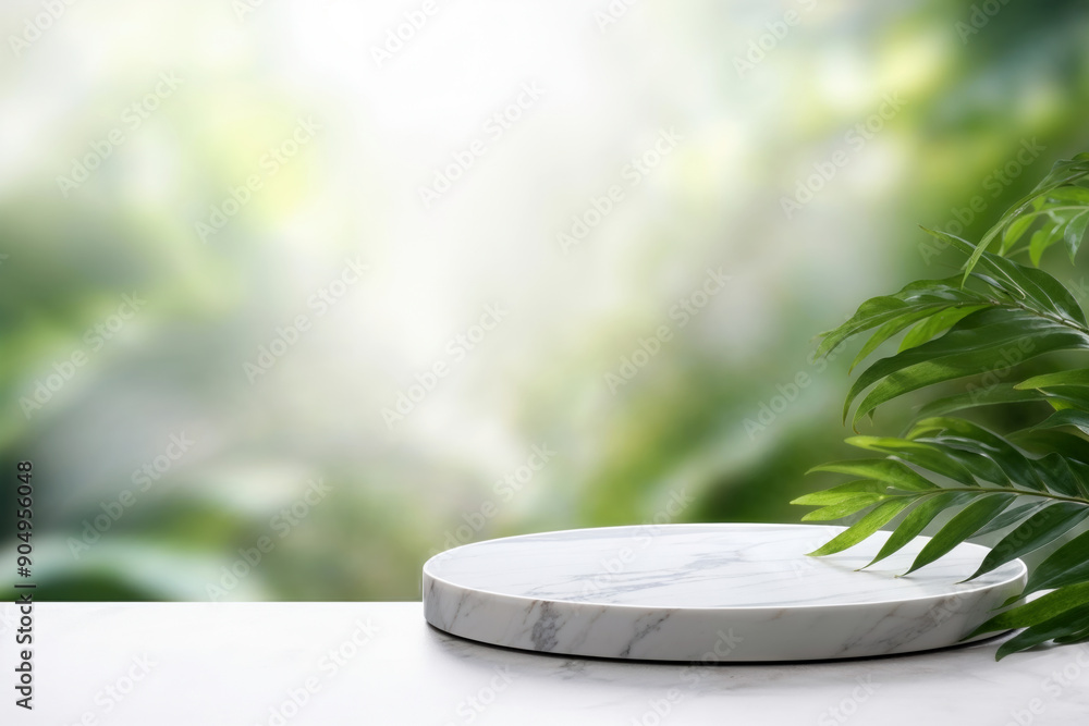 Poster empty round marble podium on white table with green leaves and blurred background