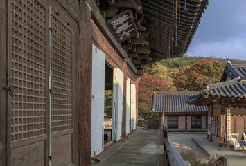 Taejang-ri, Andong-si, Gyeongsangbuk-do, South Korea - October 23, 2022: Autumnal and afternoon view of window door of Daeungjeon Hall at Bongjeongsa Temple of Cheondeungsan Mountain
