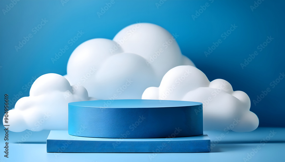 Poster blue background with product podium surrounded by clouds. mockup product display with white