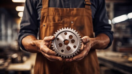 Skillful factory worker holds machine part in workshop. Industry and engineering technology concept. Neural network ai generated art