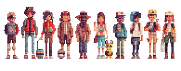 pixel art set of characters, people, isolated on white png transparent background