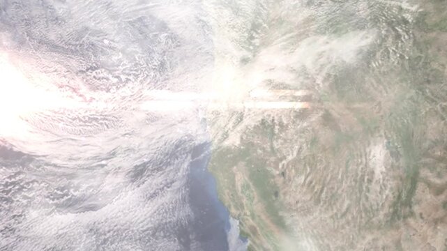 Earth zoom in from space and focus on Grants Pass, Oregon, USA. Background for travel intro or blog. Satellite view. 3D style Animation. Images from NASA.