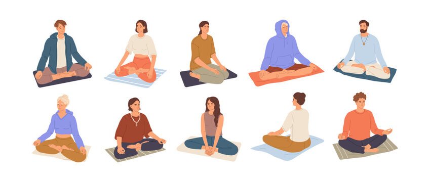 Yogis meditate set. Different people practice breathing, mental harmony, zen balance exercises. Men and women sit in yoga asanas, lotus pose. Flat isolated vector illustrations on white background