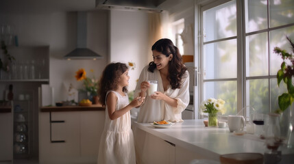 indian mother and daughter drinking milk at home