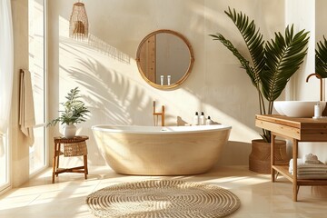 Modern boho style bathroom in beige tones   realistic photography shot of stylish interior design