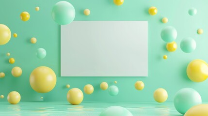 Green and yellow spheres floating on a green background, with a white blank poster template in the center