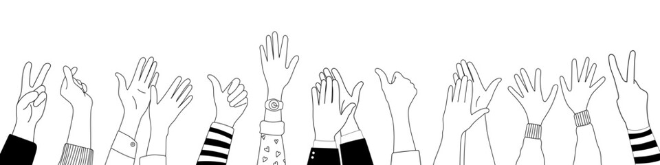 Doodle sketch hands up gestures comic icons silhouettes vector set. Group of line art fun comic hands in the air. Voting or happy congratulation audience recognition symbols.