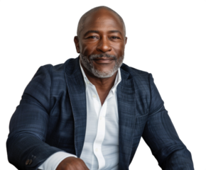 Middle-aged man with a beard and shaved head, wearing a dark blue blazer and white shirt, seated and smiling confidently. Transparent background png.