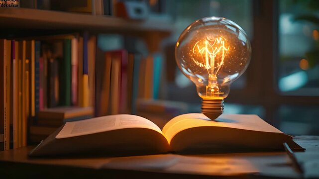 A glowing light bulb illuminates an open book resting in a bed of fluffy clouds, symbolizing knowledge and inspiration.