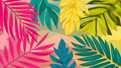 Colorful Leaves and Palm Trees Banner, Beautiful Summer Illustration