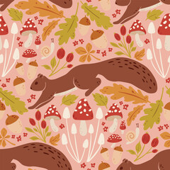 Hand drawn Autumn Squirrel and mushrooms vector seamless pattern