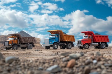 Obraz premium Three toy dump trucks are seen on a dirt road, carrying out work similar to giant dump trucks unloading gravel and sand, Giant dump trucks unloading gravel and sand