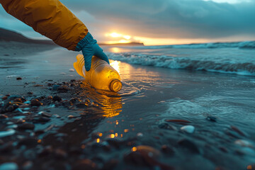 Obraz premium Person is holding a plastic bottle on a beach. The bottle is partially submerged in the water. Concept of environmental awareness and the need to reduce plastic waste