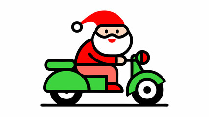 Vintage Santa Claus on Motor Bike - Cute Christmas Vector Line Art in White Background