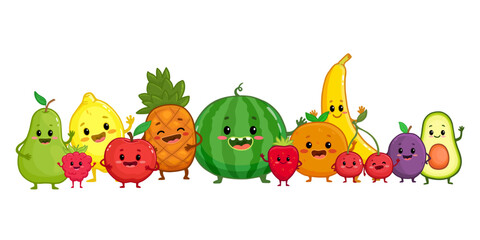 Set of cartoon fruit characters. Cute pineapple, watermelon, apple, strawberry, cherry, banana, pear, lemon, orange, apricot, raspberry,plum with arms and legs for kids. Food illustration. Vector