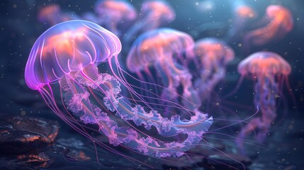Obraz premium Stunning photo of vibrant jellyfish in dark ocean.