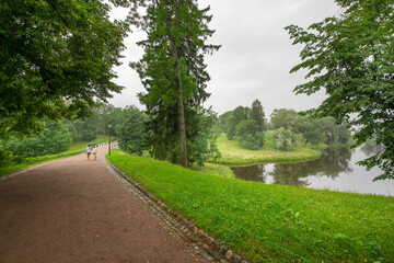 A path in a park with a river and trees