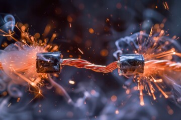 Electrical Spark: Arc Flashes Between Insulated Copper Wires - Conductor and Cable in Action