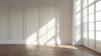Obraz premium Sunlight casting shadows from window on white wall in empty room
