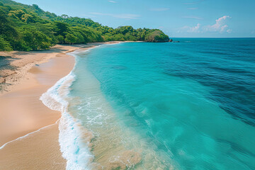 Beautiful beach with a blue ocean and a green forest in the background