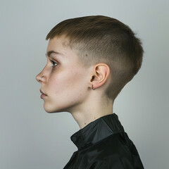 Obraz premium very short haired woman with angled neck, Side view of woman looking forward with very short hair, wearing black shirt
