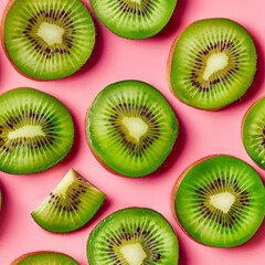 Fototapeta premium Kiwi slices and whole shot seamless pattern.
