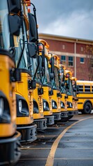 Row of school buses parked outside a school building