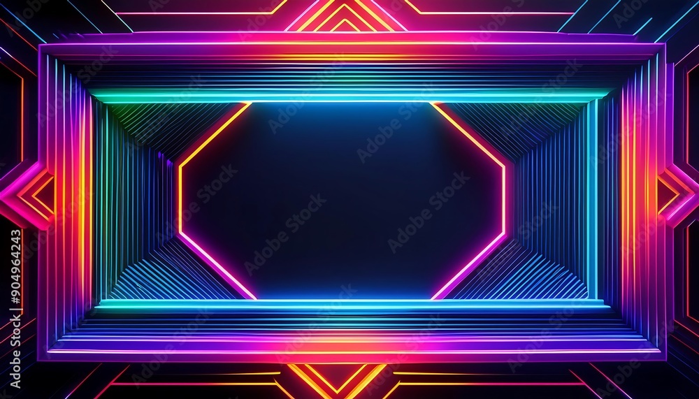Poster a frame with neon-colored geometric shapes and sharp, angular lines