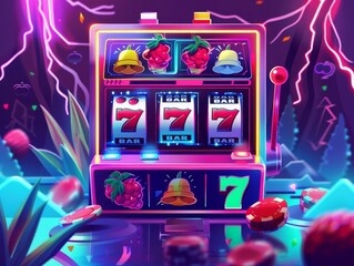 Modern casino slot machine with lightning fruit icons and gambling bar cartoon illustration