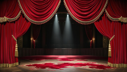 Luxurious red velvet curtains draped the grand stage