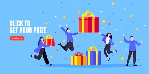 Get online incentive gift benefit reward and gifts, earn loyalty program points. Get loyalty card and customer service business concept flat design vector illustration. Tiny people with big gift boxes