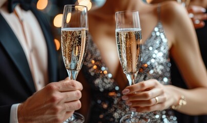 Close-up of man and woman clinking champagne glasses at elegant celebration