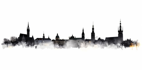 Naklejka premium aarhus, dänemark, stadt, city, skyline, silhouetten, stadt, silhouette, bauwerk, heckscheibenaufkleber, aufkleber, vorlage, umriß, kanten, vektor, verwischt, staub, auferstehung, explosion, shiloue