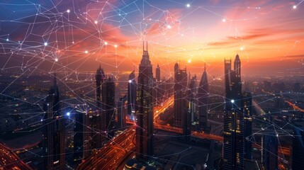 Fototapeta premium Futuristic urban connectivity cityscape at dawn with digital network integration