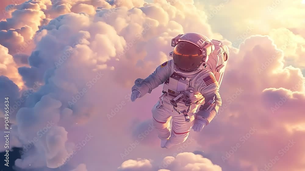 Sticker astronaut floating among puffy clouds with ai generated.