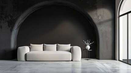 Modern living room interior with a niche and a white sofa