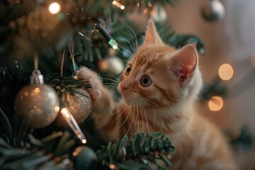 Obraz premium Little Curious Ginger Kitten Plays with Christmas Tree Red Balls. Small Kitty Climbing Fir Tree Festive Decoration. New Year Celebration. Funny Situation with Pets. Domestic Animals During Holidays