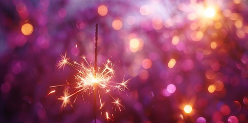 Obraz premium Close-up of a glowing sparkler with vibrant purple background and bokeh lights