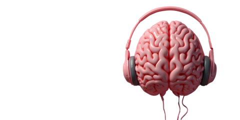 D cartoon-style brain wearing a pair of modern headphones. The image showcases a playful and creative representation of the brain.