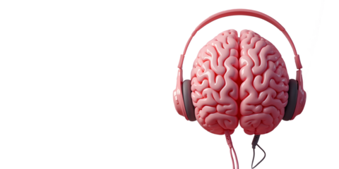 D cartoon-style brain wearing a pair of modern headphones. The image showcases a playful and creative representation of the brain isolated in transparent background.