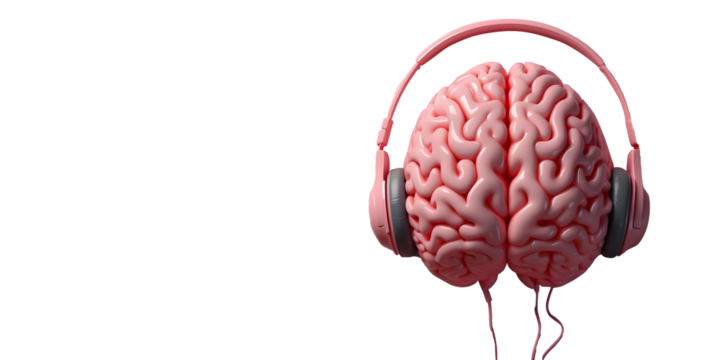 D cartoon-style brain wearing a pair of modern headphones. The image showcases a playful and creative representation of the brain.