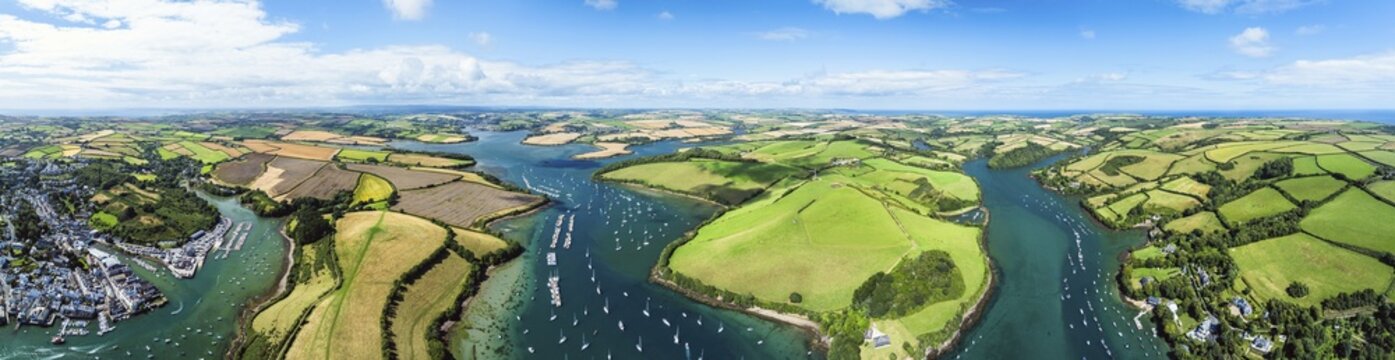 Panorama of Salcombe and Mill Bay over Kingsbridge Estuary from a drone, Batson Creek, Southpool Creek, Devon, England, United Kingdom, Europe