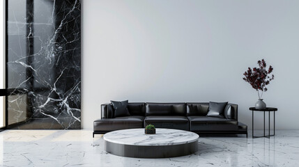 Modern living room interior with black sofa and marble wall featuring a large empty wall