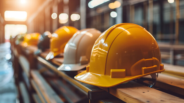 A safety helmets align on the pallets in construction site - Powered by Adobe
