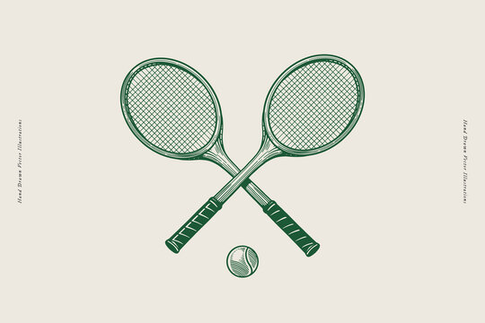 Two crossed tennis rackets with tennis ball. Retro style. Ideal for tennis-themed designs and promotions.
